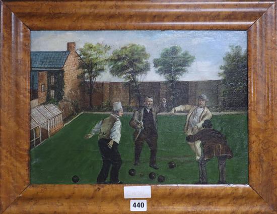 English School, oil on canvas board, Victorians playing bowls, 29 x 41cm